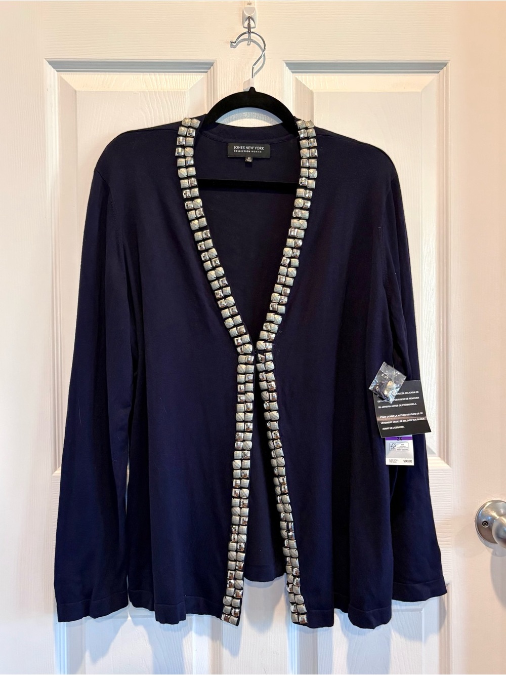 NWT Jones New York Collection Woman Knit Cardigan Silver Bead Trim Navy Blue 2X